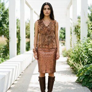 Vintage Fashion Bug Women's Sleeveless Brown Rust Cream 1X Boho Tie-Dye Blouse